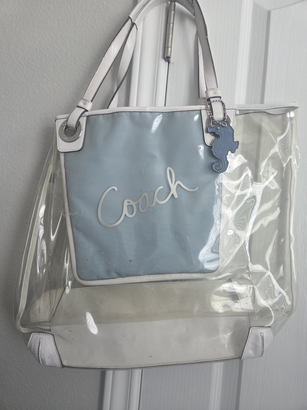 Coach Clear Beach Tote with Light Blue Insert and White Trim — Seahorse Charm